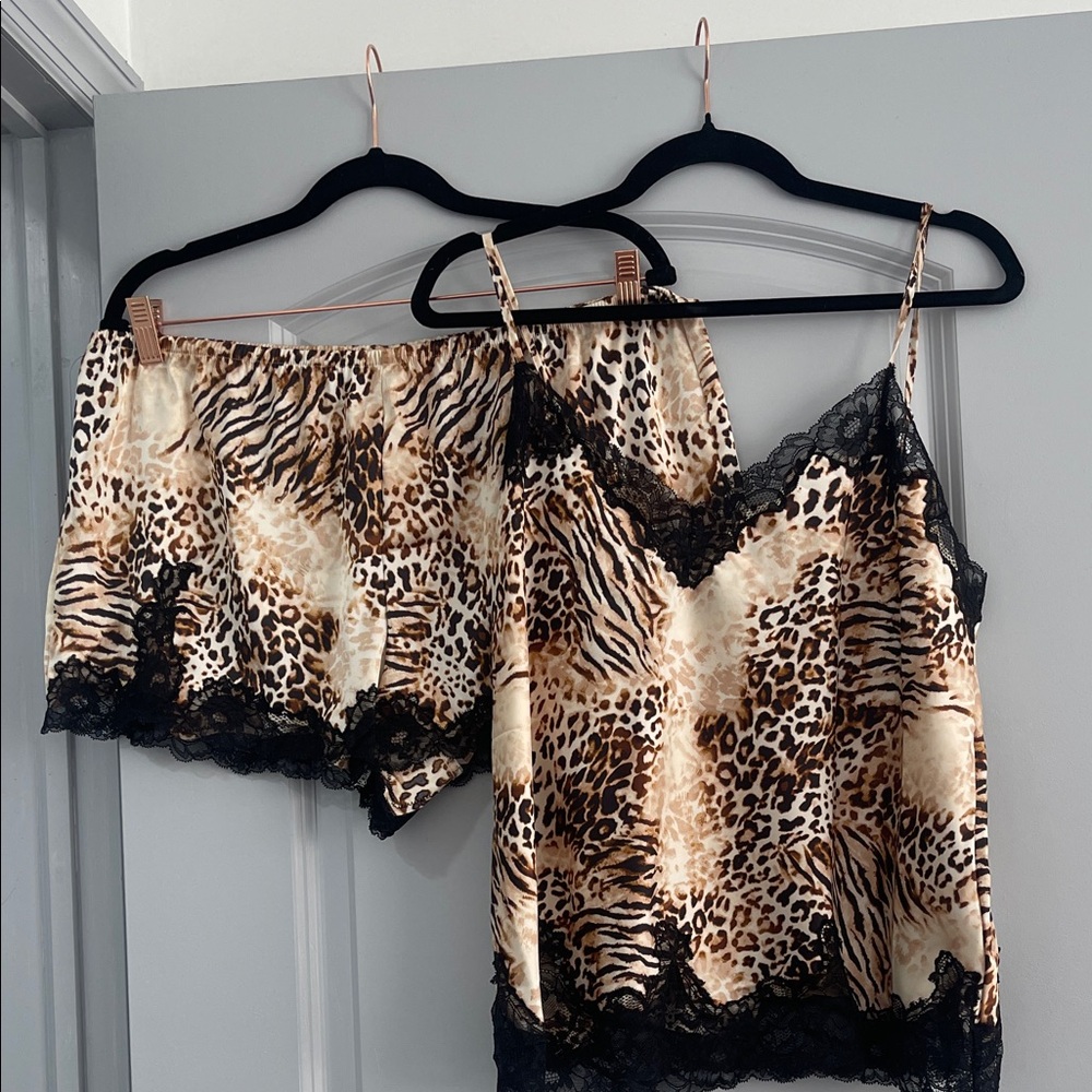 Leopard Print Satin Cami and Shorts Set